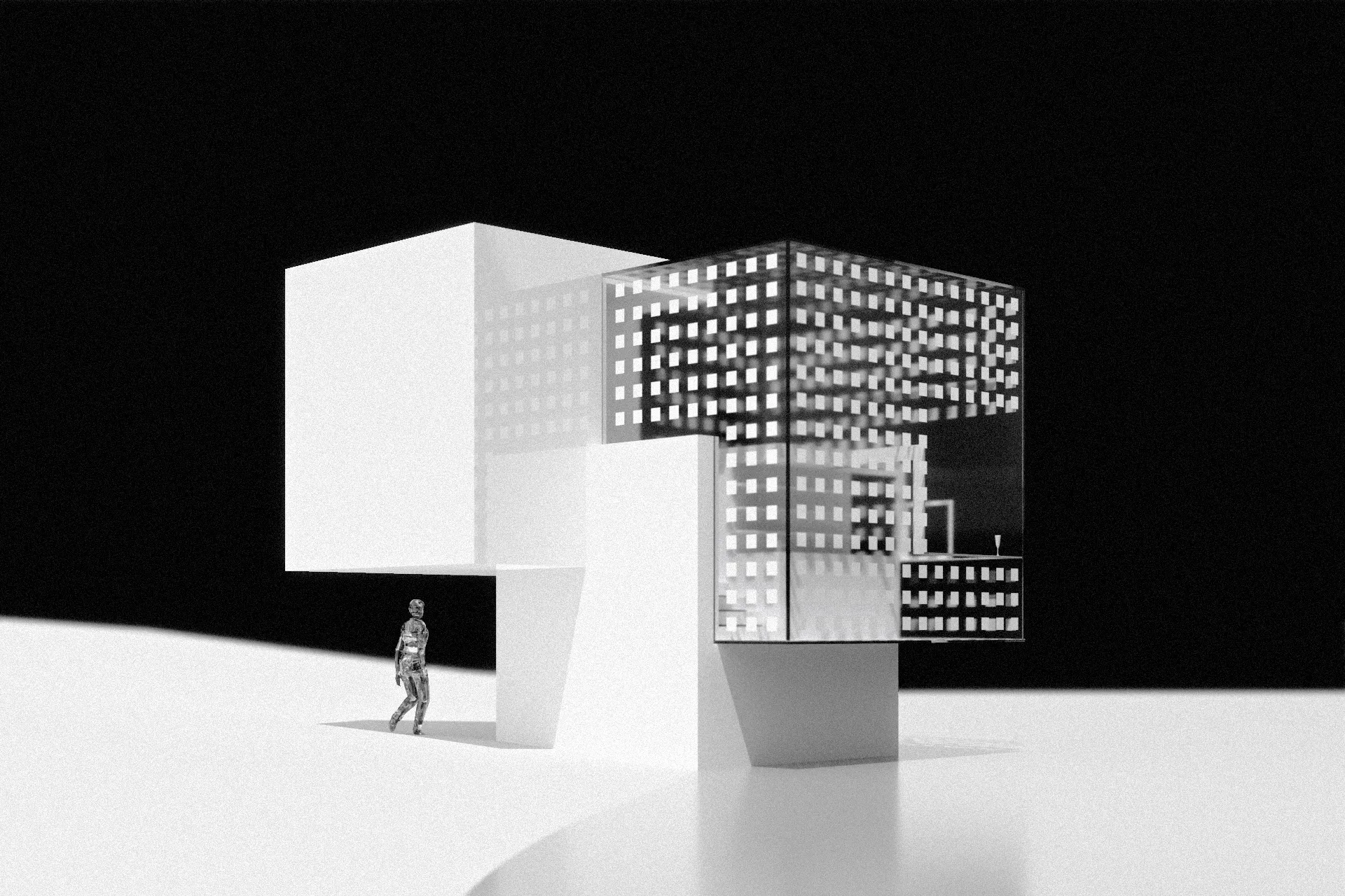 Three interlocked cubes offer four rooms of different use.
